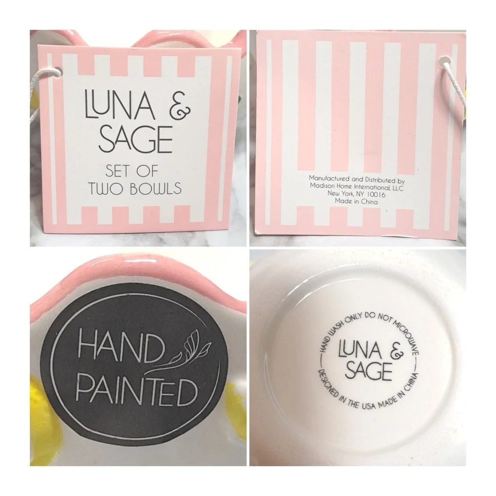 Luna & Sage Set of 2 Lemon Theme Bowls With Pink Scallop Rim‎ Kitchen Dinnerware